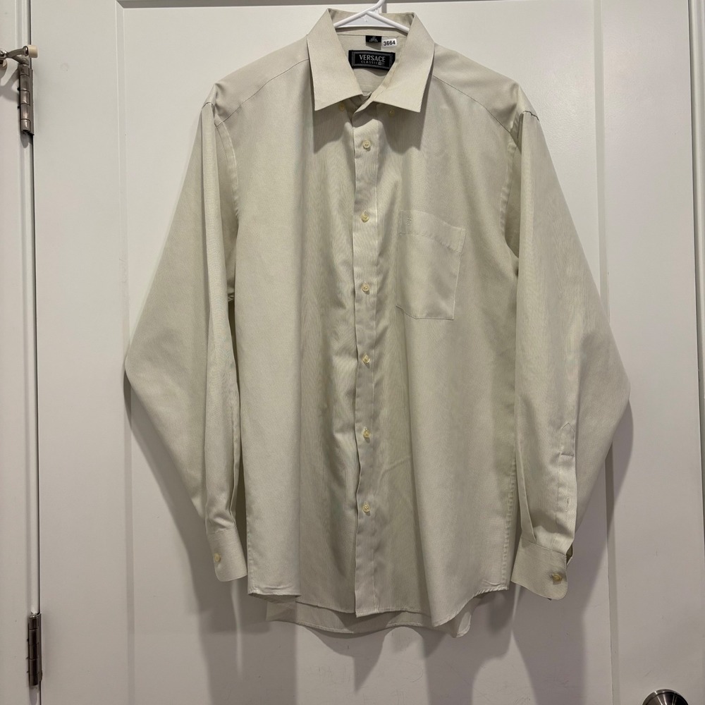 Versace Classic V2 Mens Cream Grey Micro Stripe Cotton Dress Shirt Size 17